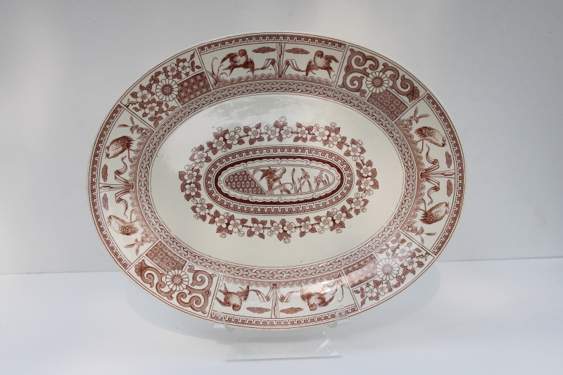 photo of 1880s aesthetic period Kioto chinoiserie brown transferware china platter, old English registry mark #1