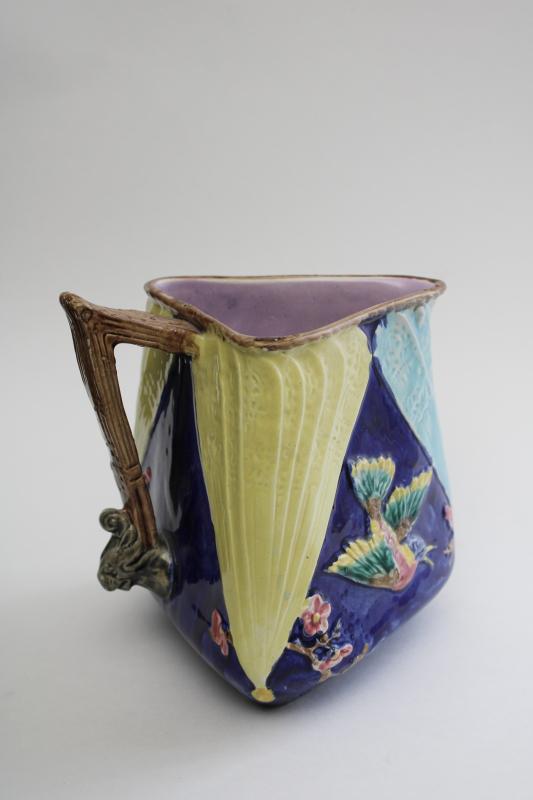 photo of 1880s antique Eureka majolica American art pottery pitcher triangular jug w/ bird #1