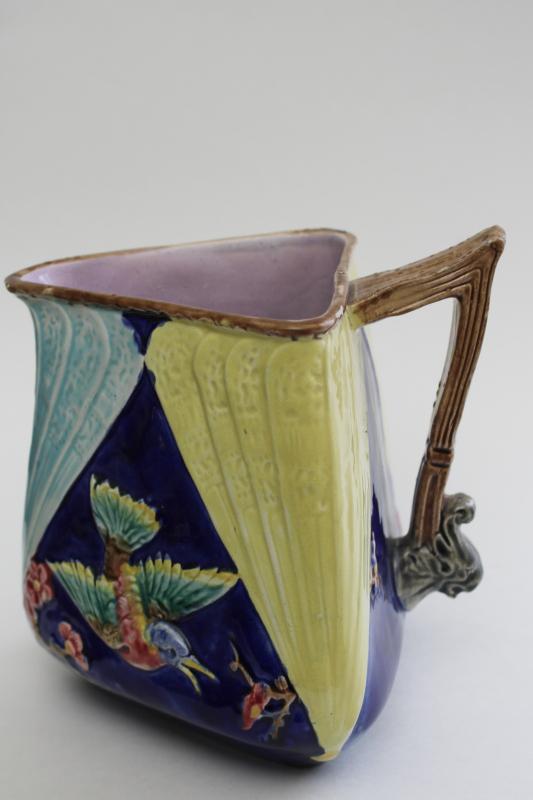 photo of 1880s antique Eureka majolica American art pottery pitcher triangular jug w/ bird #4