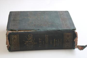 catalog photo of 1880s antique book Ireland past & present, shabby green cover w/ shamrocks, many engravings