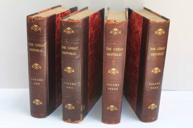 photo of 1880s antique books The Great Republic complete set red marbled covers leather bound 4 volumes  #1