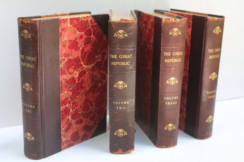 photo of 1880s antique books The Great Republic complete set red marbled covers leather bound 4 volumes  #5