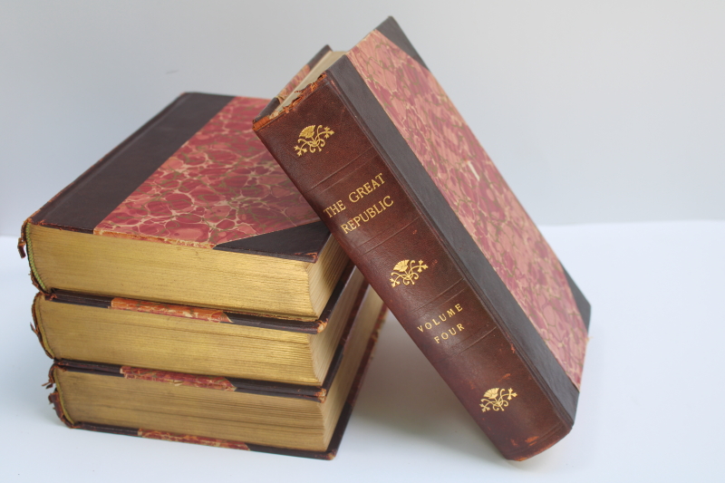 photo of 1880s antique books The Great Republic complete set red marbled covers leather bound 4 volumes  #11