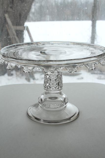 photo of 1880s antique cake stand, Wyandotte button band hobnail pattern pressed glass  #1