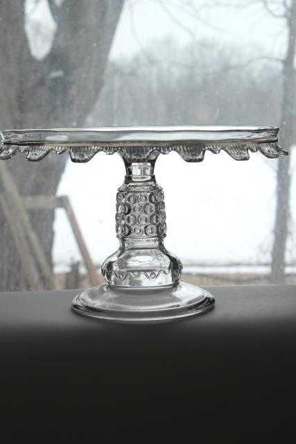 photo of 1880s antique cake stand, Wyandotte button band hobnail pattern pressed glass  #3