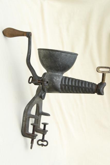 photo of 1880s antique kitchen tool, Enterprise fruit press, hand crank crusher juice squeezer #1