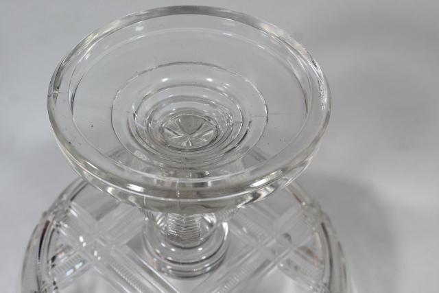 photo of 1880s antique pressed glass compote bowl w/ lid, Duncan EAPG Iowa or Cryptic Zipper pattern #5