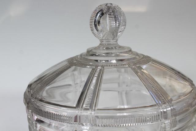 photo of 1880s antique pressed glass compote bowl w/ lid, Duncan EAPG Iowa or Cryptic Zipper pattern #6