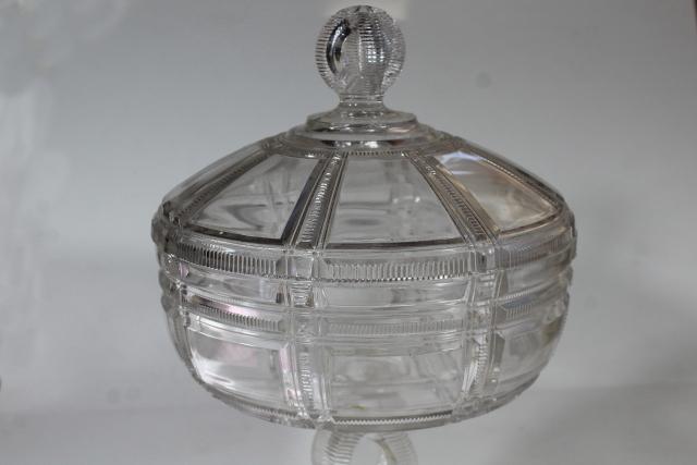photo of 1880s antique pressed glass compote bowl w/ lid, Duncan EAPG Iowa or Cryptic Zipper pattern #7
