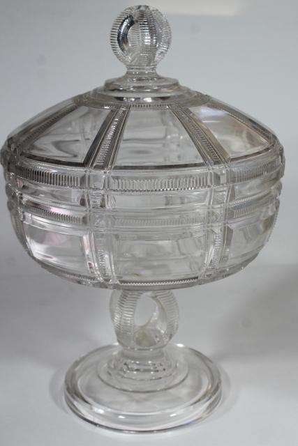 photo of 1880s antique pressed glass compote bowl w/ lid, Duncan EAPG Iowa or Cryptic Zipper pattern #8