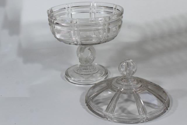 photo of 1880s antique pressed glass compote bowl w/ lid, Duncan EAPG Iowa or Cryptic Zipper pattern #9