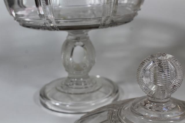 photo of 1880s antique pressed glass compote bowl w/ lid, Duncan EAPG Iowa or Cryptic Zipper pattern #10