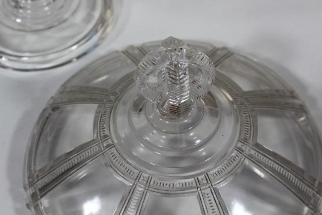 photo of 1880s antique pressed glass compote bowl w/ lid, Duncan EAPG Iowa or Cryptic Zipper pattern #13