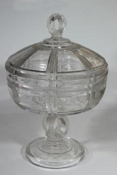catalog photo of 1880s antique pressed glass compote bowl w/ lid, Duncan EAPG Iowa or Cryptic Zipper pattern