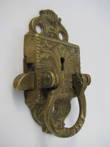 photo of 1880s vintage brass door lock w/ ornate embossed design, antique hardware #1