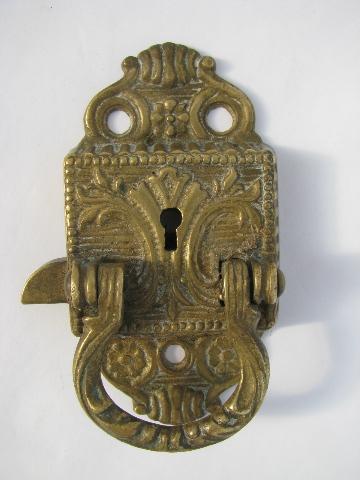 photo of 1880s vintage brass door lock w/ ornate embossed design, antique hardware #2