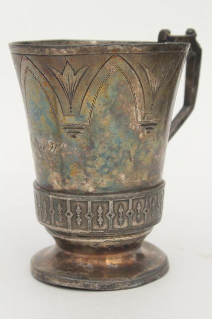 photo of 1890 aesthetic antique bright cut silver cup, script engraving Johnie W #1