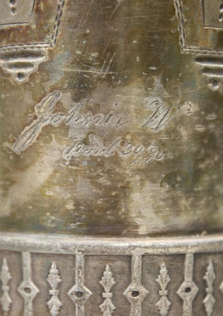 photo of 1890 aesthetic antique bright cut silver cup, script engraving Johnie W #3