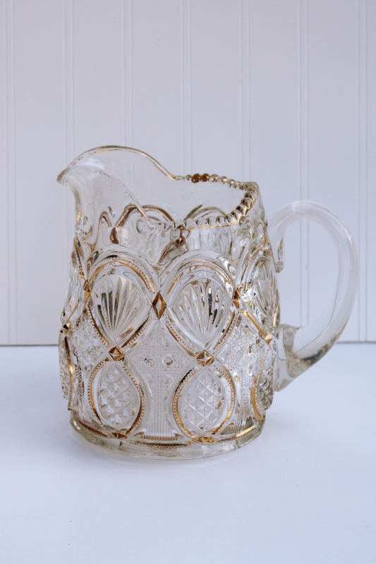 photo of 1890s EAPG pitcher, Northwood Crystal Queen large jug w/ gold, antique pressed pattern glass #1