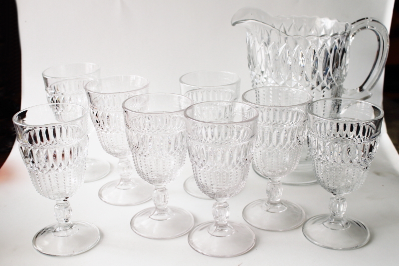 photo of 1890s EAPG pitcher & goblets set, antique US Glass loop w/ dewdrop pressed pattern #1