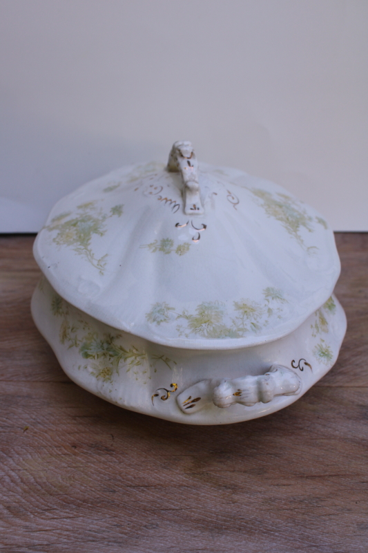 photo of 1890s antique WH Grindley England china serving bowl w/ cover, Fleur dOr flowers & leaves #2