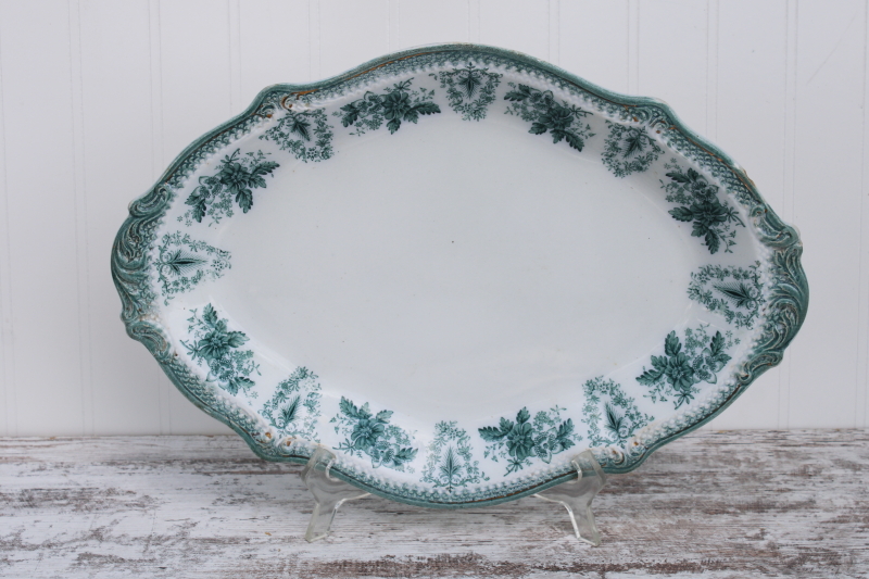 photo of 1890s antique ironstone china platter, stained Brussels teal green transferware Grindley England #1