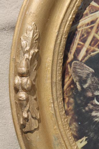 photo of 1890s antique oak leaf & acorn oval wood frame, holds 1940s vintage kitten print! #3