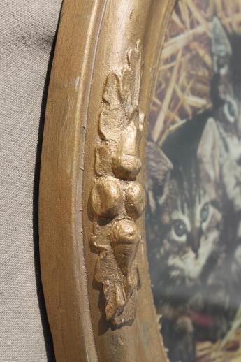 photo of 1890s antique oak leaf & acorn oval wood frame, holds 1940s vintage kitten print! #4