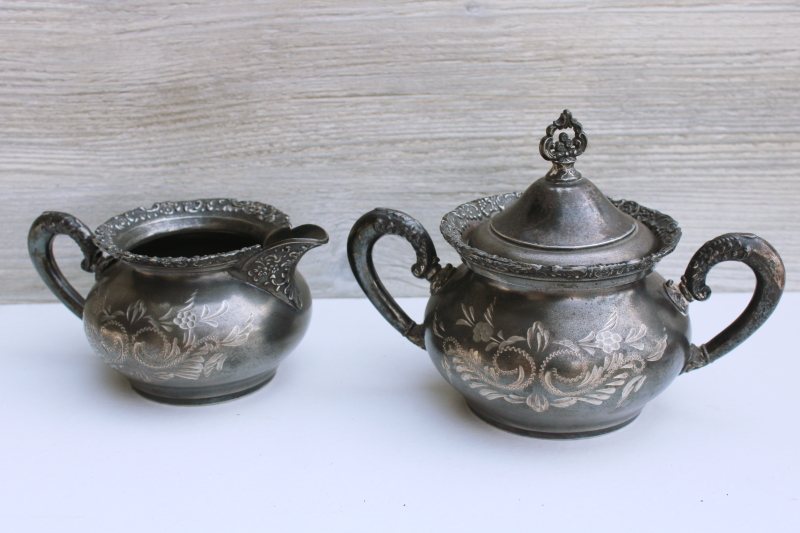 photo of 1890s antique silver plated cream pitcher & sugar bowl w/ ornate bright cut engraving #1