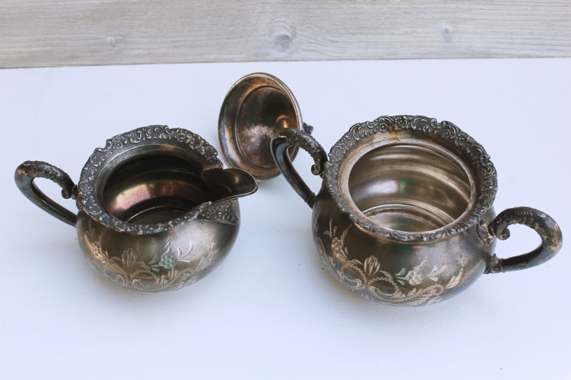 photo of 1890s antique silver plated cream pitcher & sugar bowl w/ ornate bright cut engraving #2