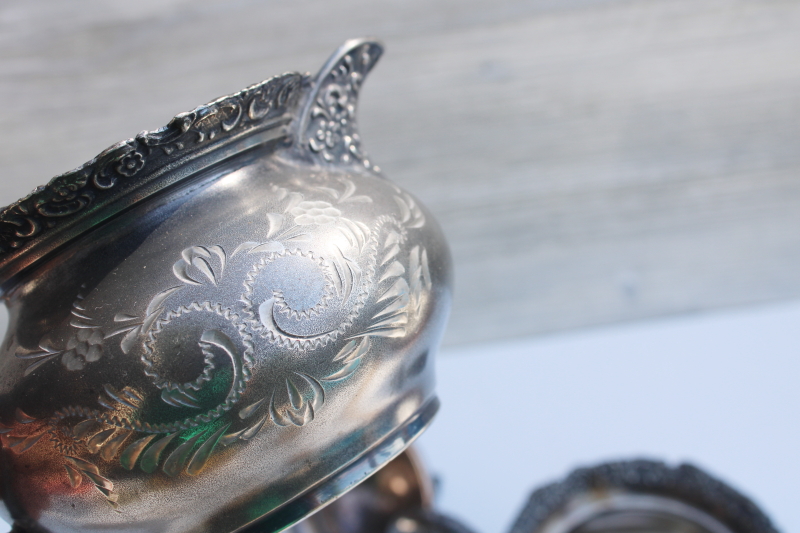 photo of 1890s antique silver plated cream pitcher & sugar bowl w/ ornate bright cut engraving #3