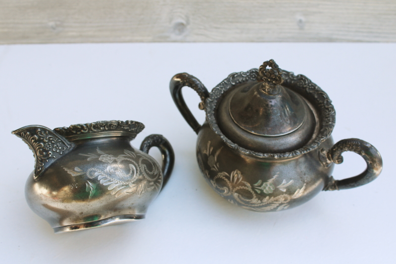 photo of 1890s antique silver plated cream pitcher & sugar bowl w/ ornate bright cut engraving #6