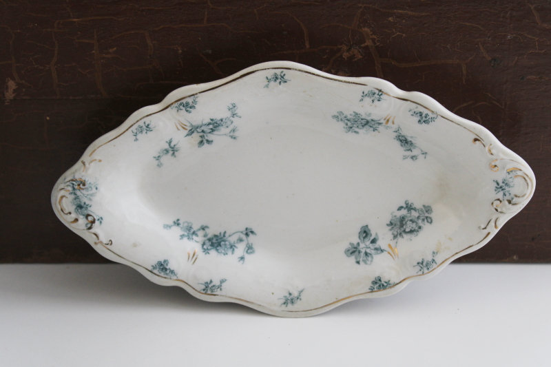 photo of 1890s antique teal blue transferware china, Grindley Teresa pattern floral small oval dish #1