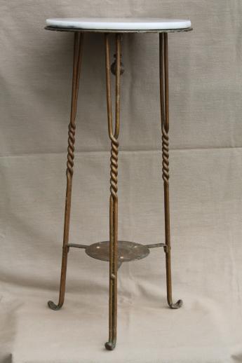 photo of 1890s vintage tall plant stand table w/ marble top, antique wrought iron fern stand #4