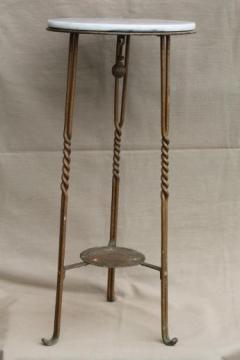 catalog photo of 1890s vintage tall plant stand table w/ marble top, antique wrought iron fern stand