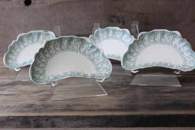 photo of 1899 antique china bone dishes, crescent shape plates green transferware Waverly Johnson Bros #1