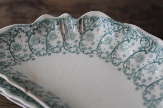 photo of 1899 antique china bone dishes, crescent shape plates green transferware Waverly Johnson Bros #6