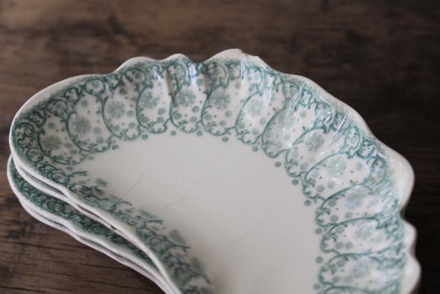 photo of 1899 antique china bone dishes, crescent shape plates green transferware Waverly Johnson Bros #7