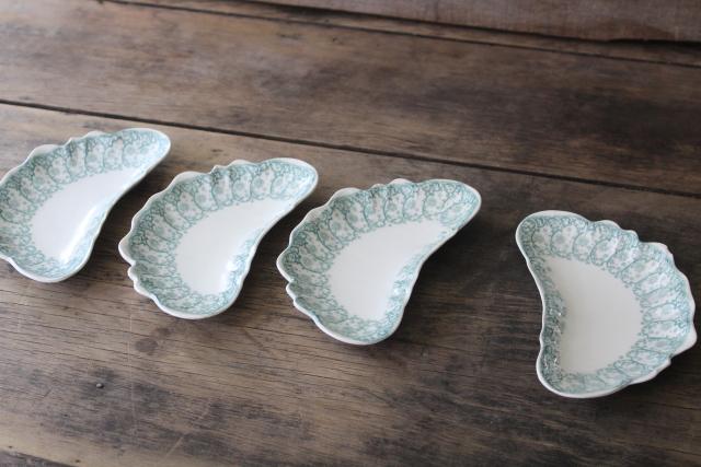 photo of 1899 antique china bone dishes, crescent shape plates green transferware Waverly Johnson Bros #8