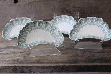 1899 antique china bone dishes, crescent shape plates green transferware Waverly Johnson Bros