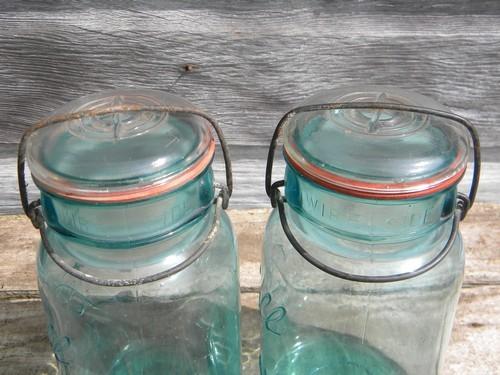 photo of 1908 Ball Ideal 1 qt storage jars or canisters blue glass w/lightening lids #3