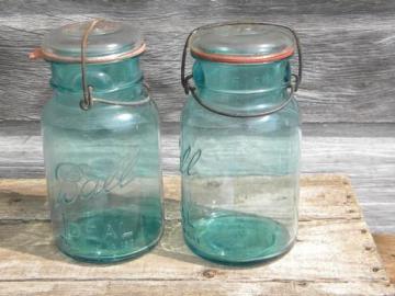 catalog photo of 1908 Ball Ideal 1 qt storage jars or canisters blue glass w/lightening lids