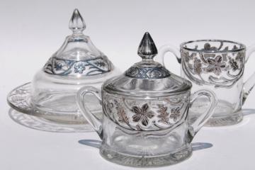 catalog photo of 1915 Indiana glass line #115 table set, silver flower band w/ oak leaf round butter / cheese dish etc.