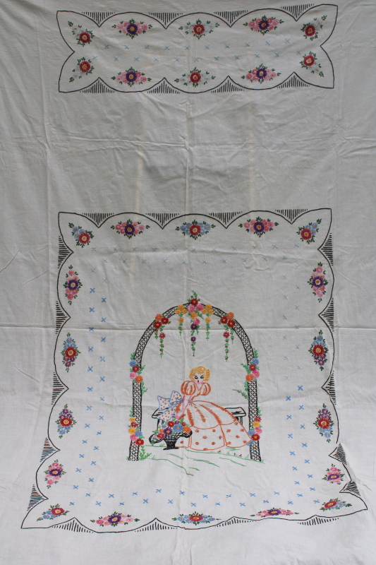 photo of 1920 30s vintage hand embroidered bed cover, cotton bedspread w/ girl in an arbor  #1