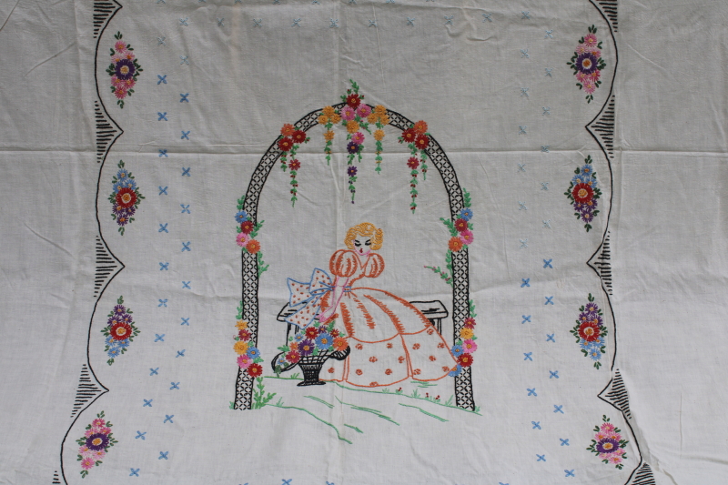 photo of 1920 30s vintage hand embroidered bed cover, cotton bedspread w/ girl in an arbor  #2