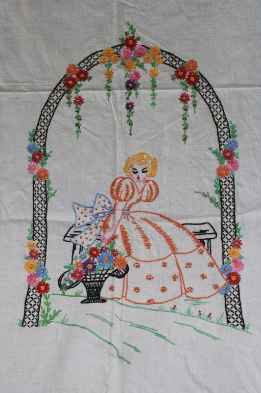 photo of 1920 30s vintage hand embroidered bed cover, cotton bedspread w/ girl in an arbor  #3