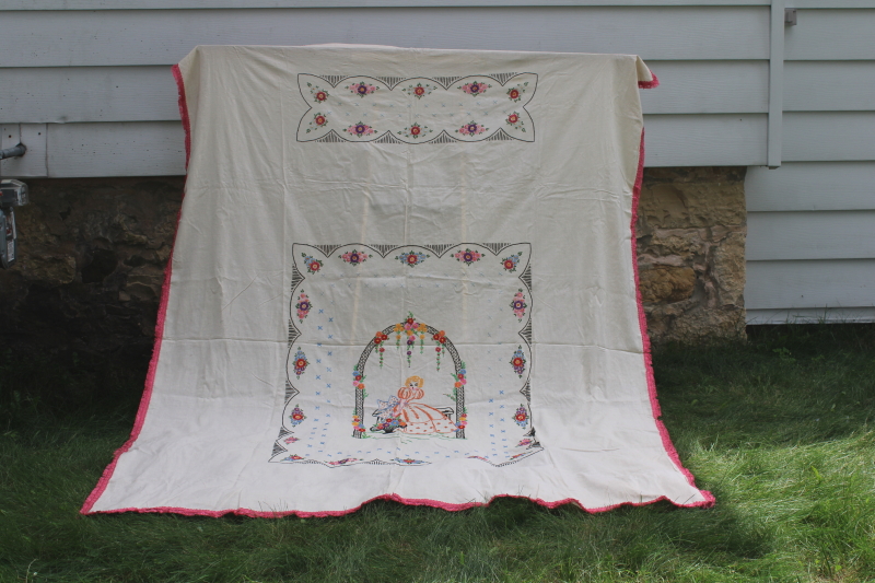 photo of 1920 30s vintage hand embroidered bed cover, cotton bedspread w/ girl in an arbor  #4