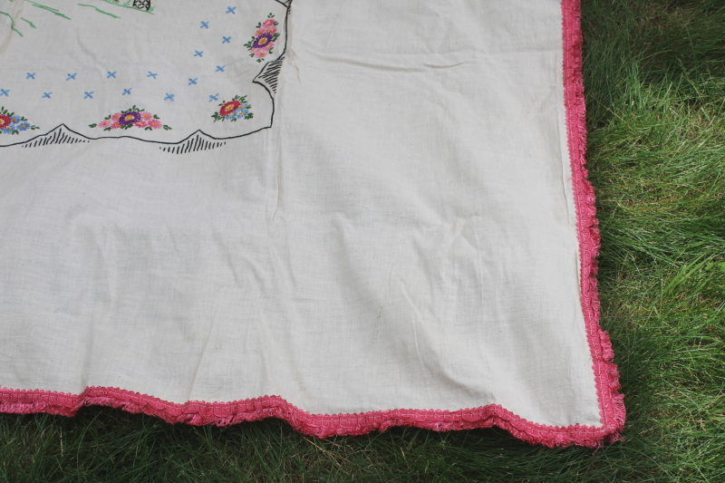 photo of 1920 30s vintage hand embroidered bed cover, cotton bedspread w/ girl in an arbor  #5