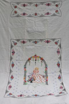 catalog photo of 1920 30s vintage hand embroidered bed cover, cotton bedspread w/ girl in an arbor 