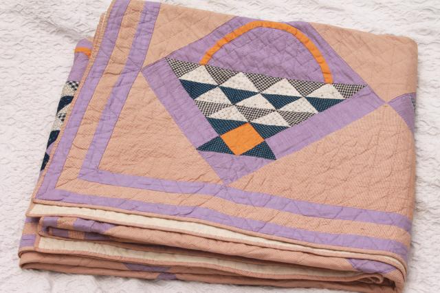 photo of 1920-30s vintage hand-stitched quilt, basket pattern antique cotton fabric #5